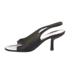 Gucci Authentic Black Olive Green Leather Medium Heel Sling Black Sandals 5 B
